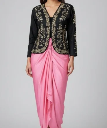 Black Embroidered Jacket with Pink Draped Dhoti Skirt Set
