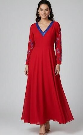 Vibrant Crimson A-Line Maxi Dress with Cobalt Blue Intricate Embroidery